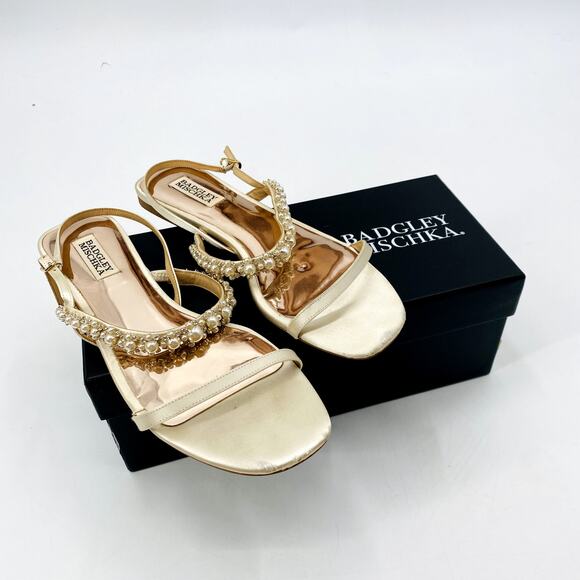 Badgley Mischka Natalee Ivory Satin Flat Sandals - Picture 2 of 6